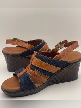 SAS Denim & Leather Comfort Wedge Sandals Slingback Style | Women’s 6.5M